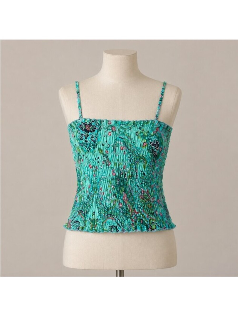 Boho Smocked Stretchy Tube Top Green Size Small Paisley Floral Beaded Tassel Y2K